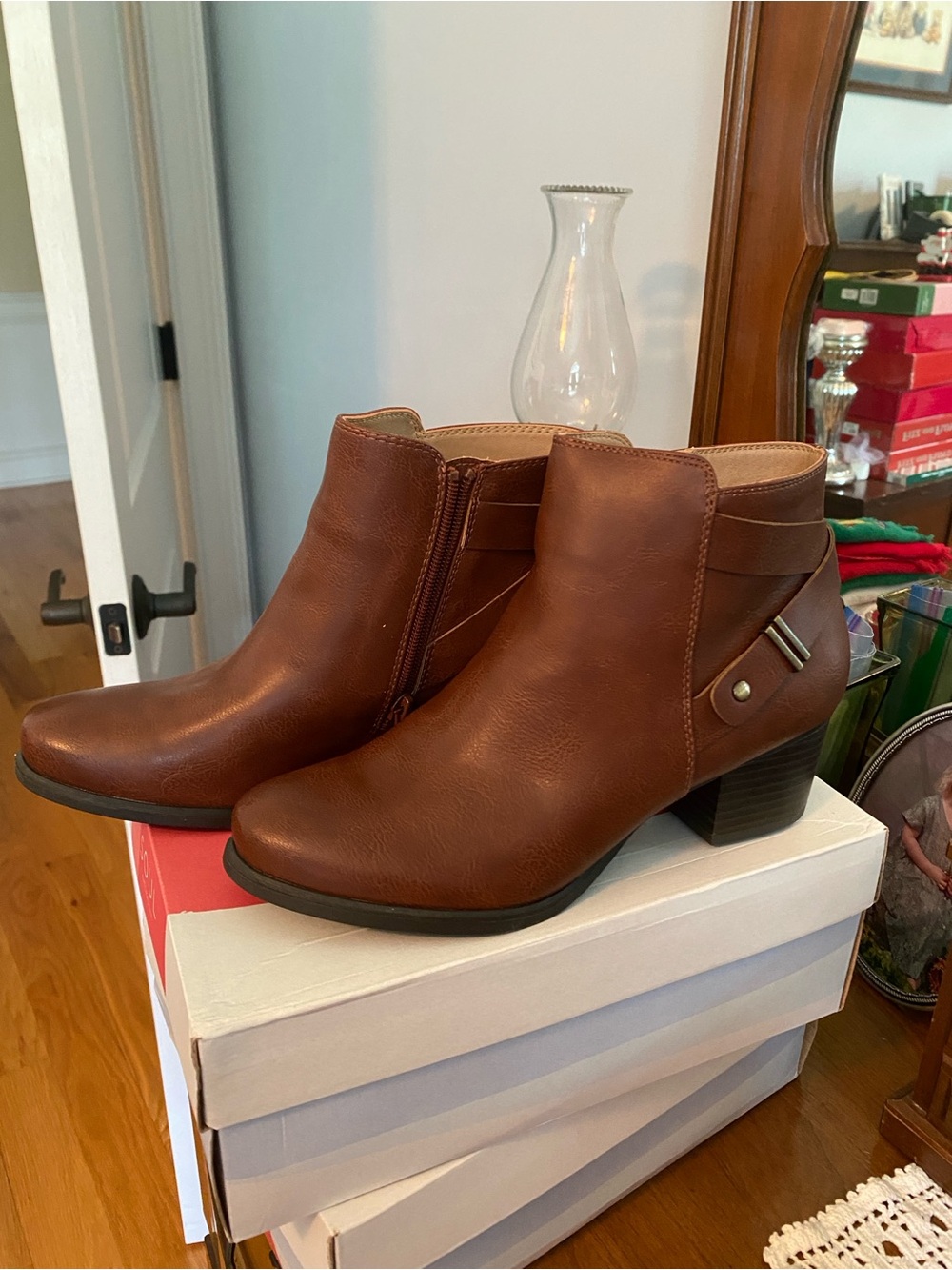 Naturalizer Cognac Brown Ankle Booties with Strap Detail